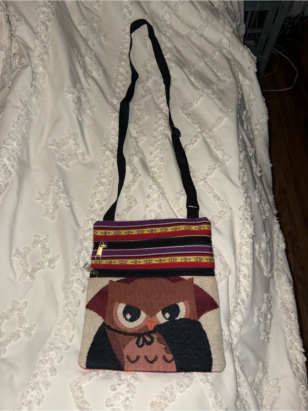 Handwoven Vampire Owl Crossbody Bag in Brown and Black